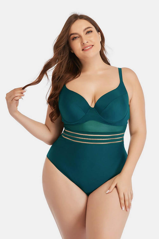Plus Size Spliced Mesh Tie-Back One-Piece Swimsuit - Olive Ave