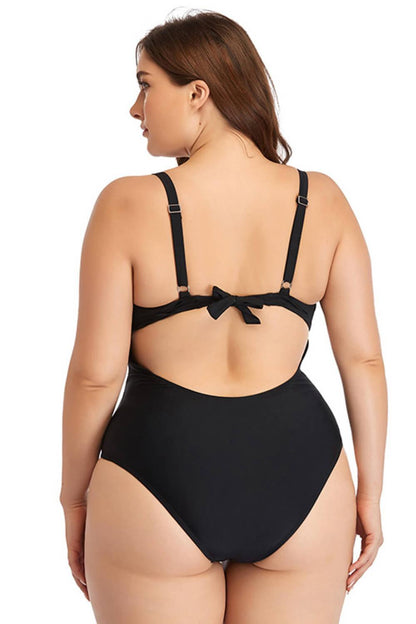 Plus Size Spliced Mesh Tie-Back One-Piece Swimsuit - Olive Ave