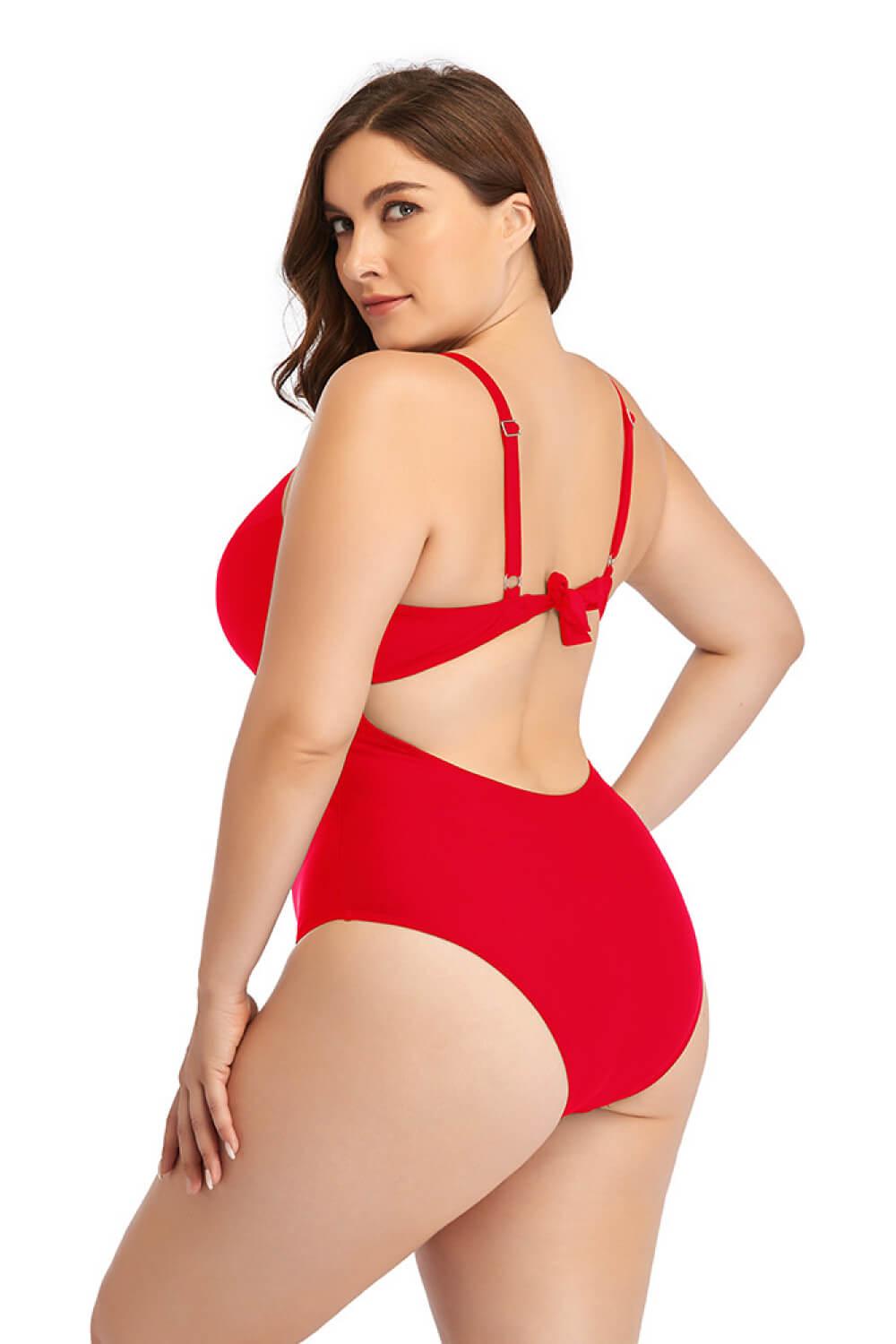 Plus Size Spliced Mesh Tie-Back One-Piece Swimsuit - Olive Ave