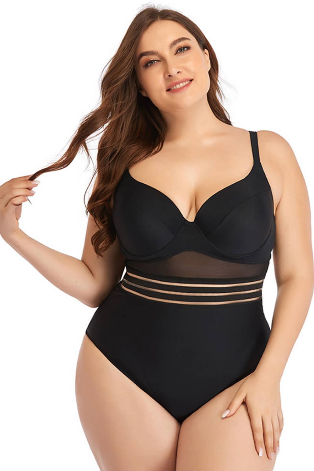 Plus Size Spliced Mesh Tie-Back One-Piece Swimsuit - Olive Ave