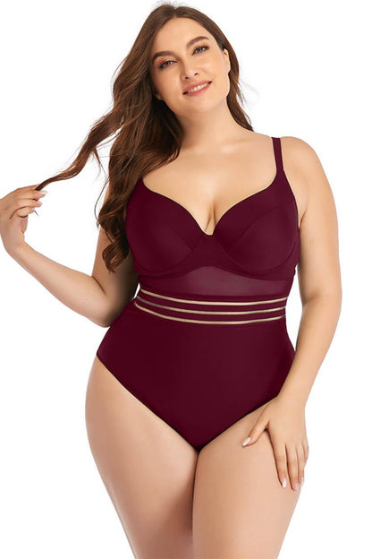 Plus Size Spliced Mesh Tie-Back One-Piece Swimsuit - Olive Ave