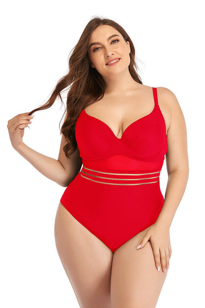 Plus Size Spliced Mesh Tie-Back One-Piece Swimsuit - Olive Ave