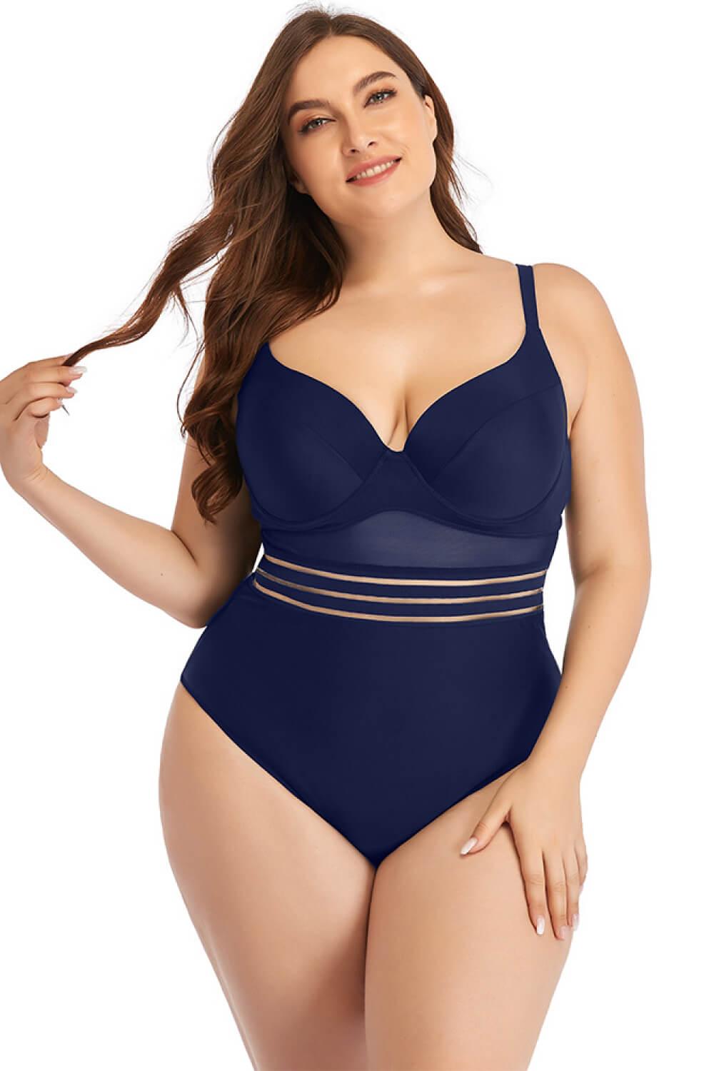 Plus Size Spliced Mesh Tie-Back One-Piece Swimsuit - Olive Ave