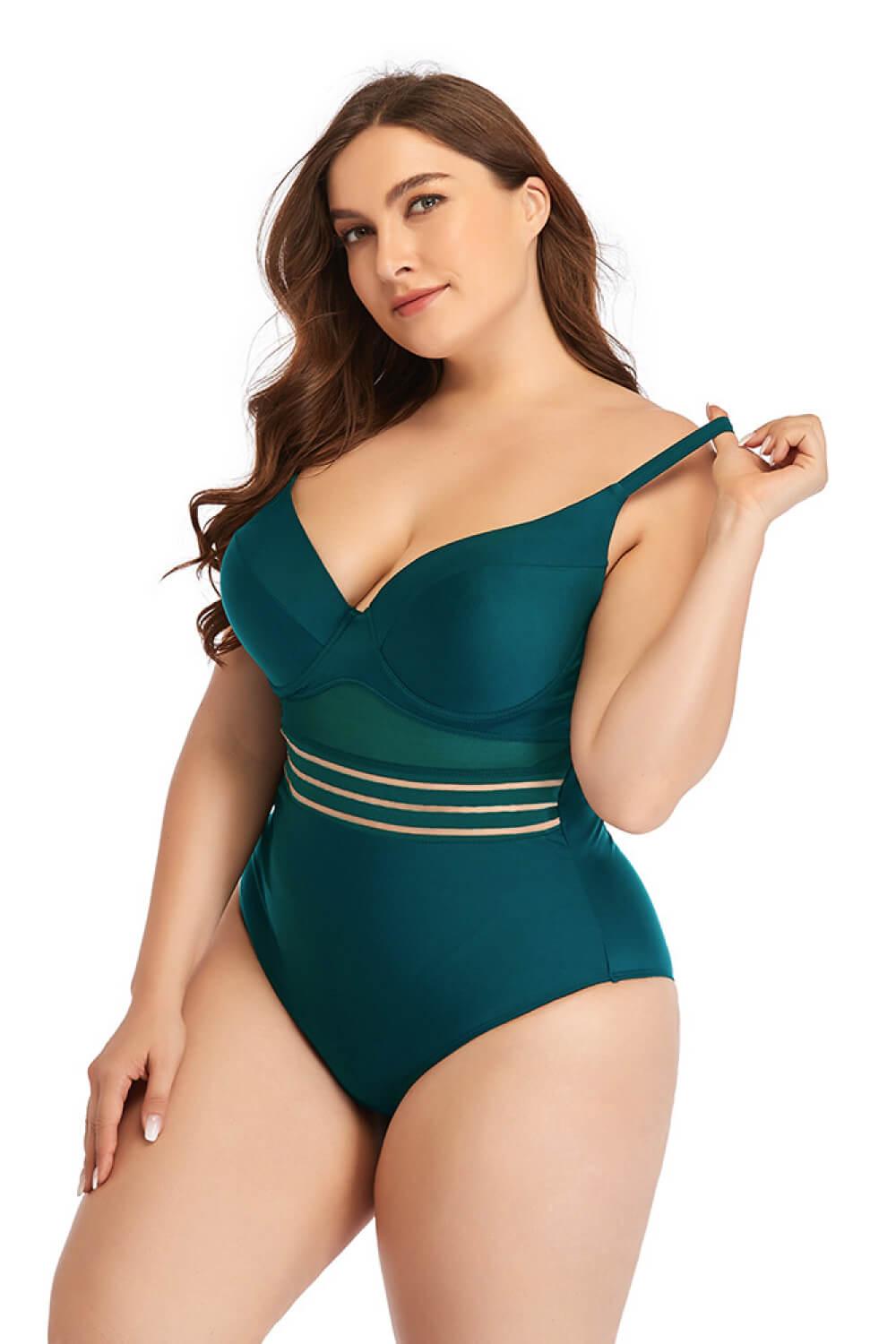 Plus Size Spliced Mesh Tie-Back One-Piece Swimsuit - Olive Ave