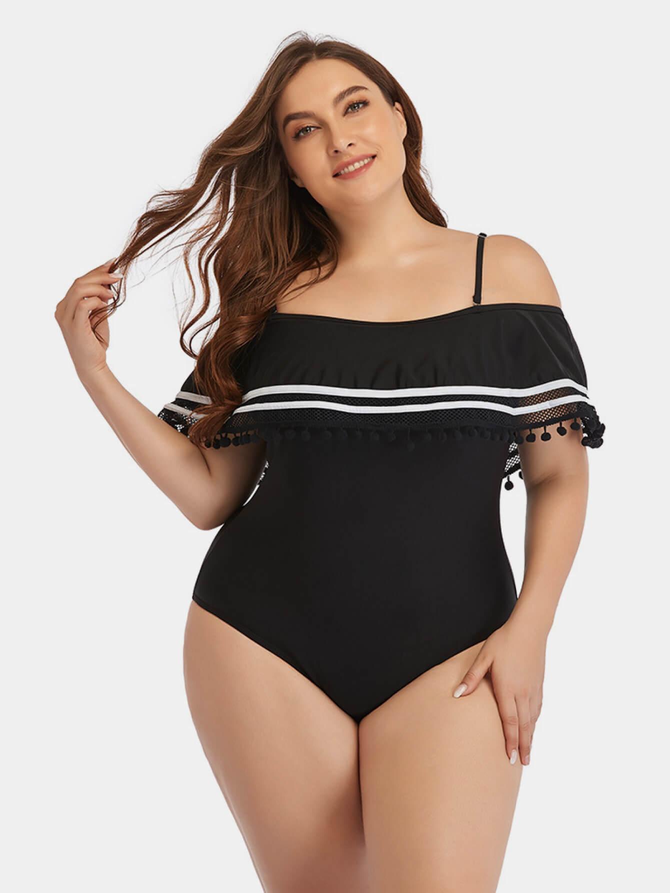 Plus Size Striped Cold-Shoulder One-Piece Swimsuit - Olive Ave