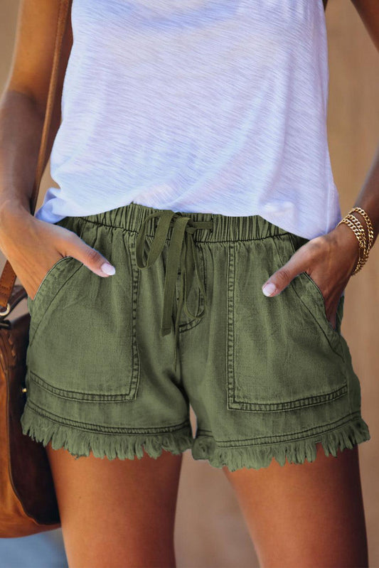 Pocketed Frayed Denim Shorts - Olive Ave