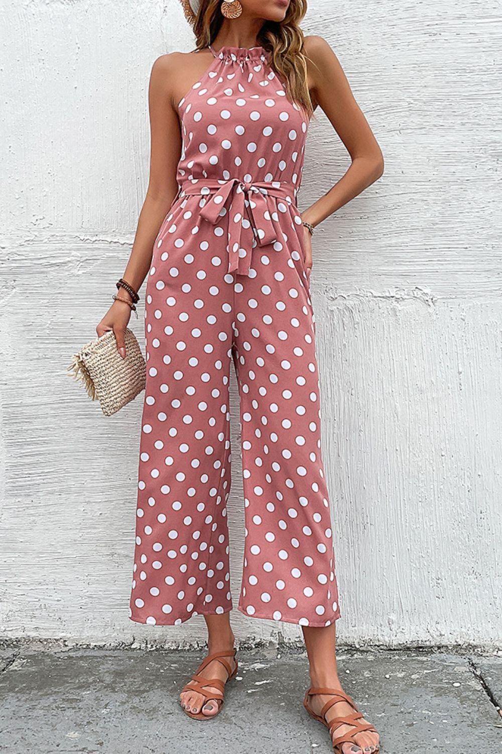 Polka Dot Grecian Wide Leg Jumpsuit - Olive Ave