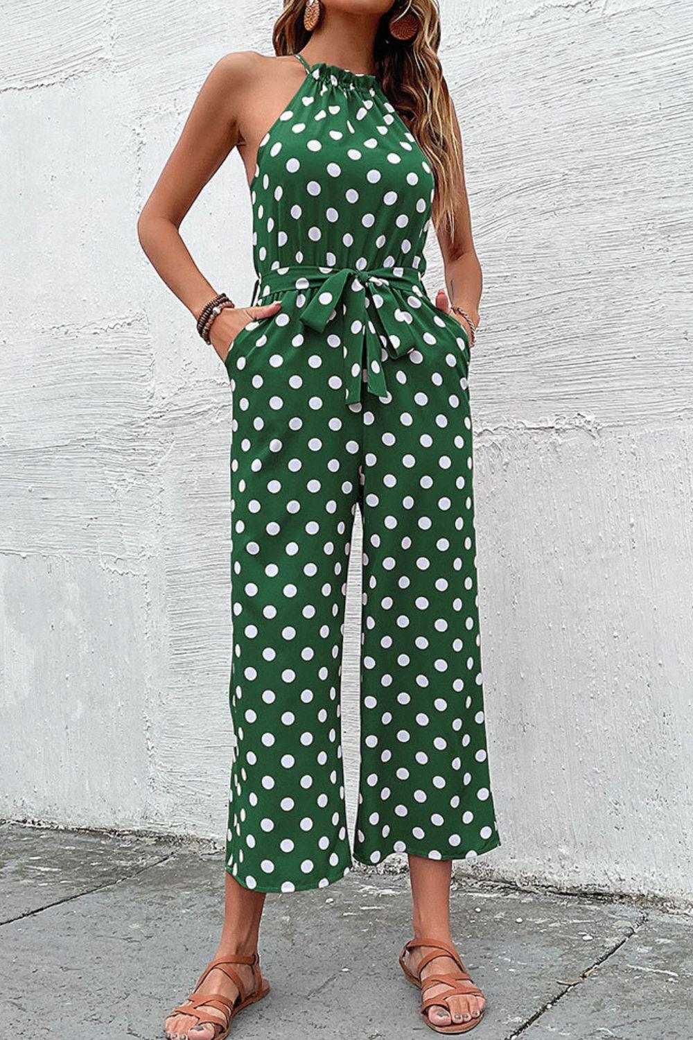 Polka Dot Grecian Wide Leg Jumpsuit - Olive Ave