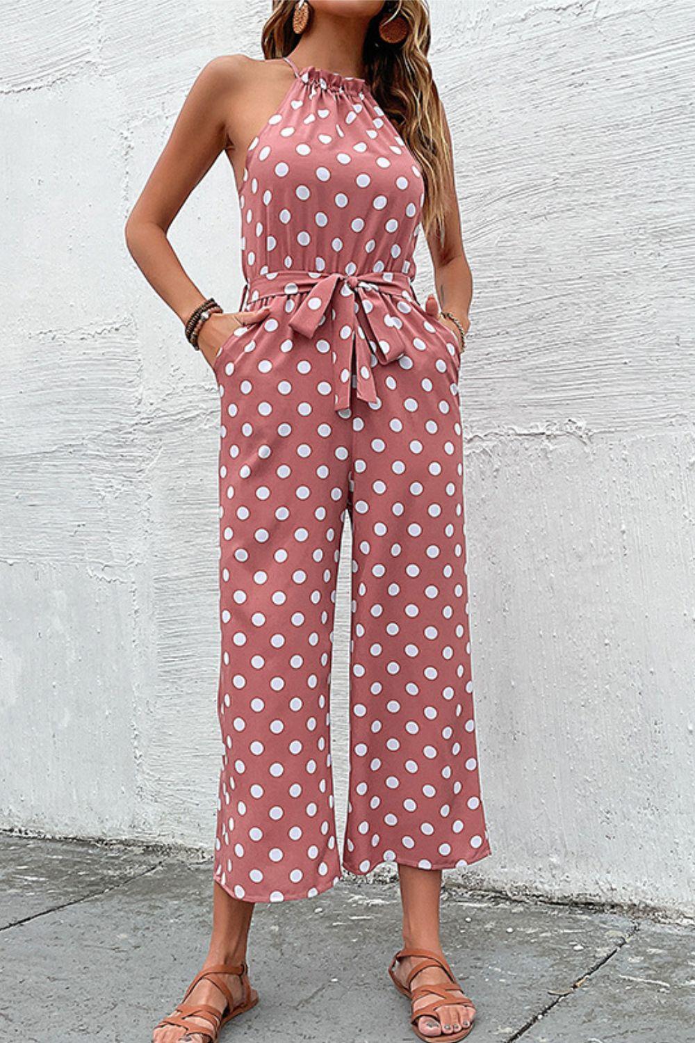 Polka Dot Grecian Wide Leg Jumpsuit - Olive Ave