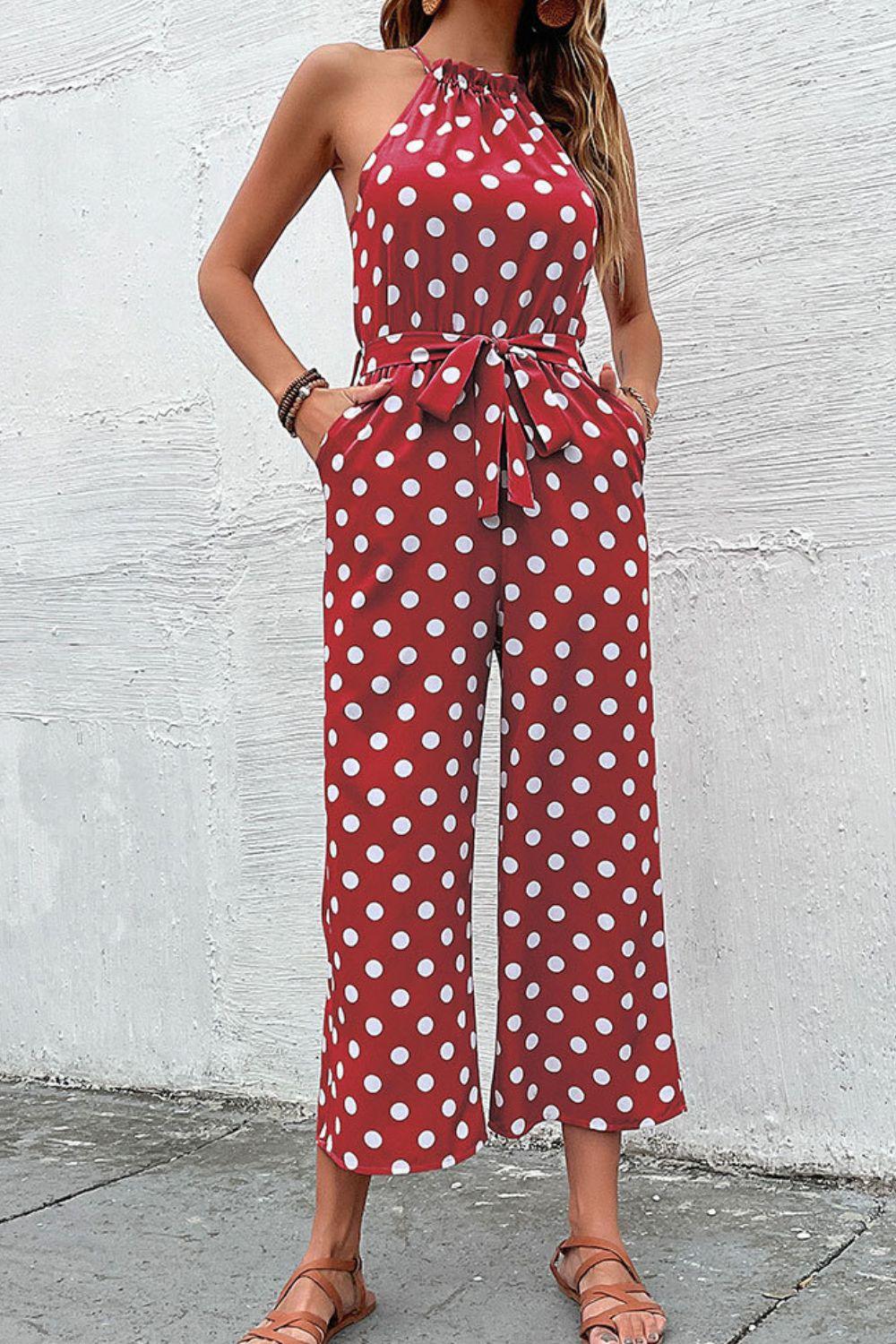 Polka Dot Grecian Wide Leg Jumpsuit - Olive Ave