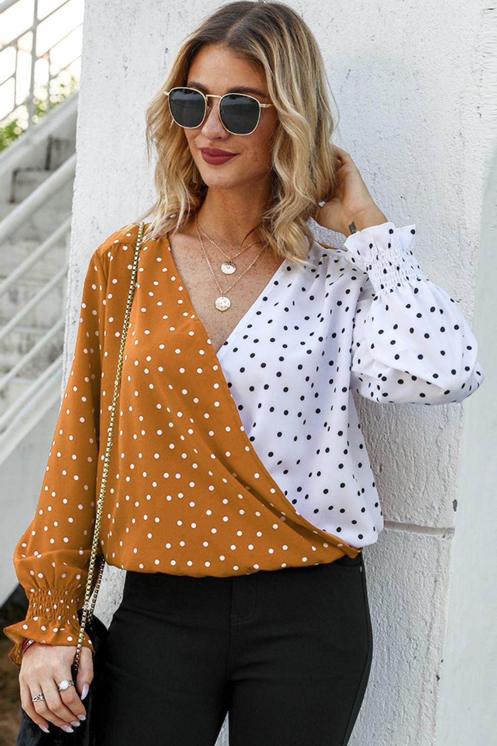 Polka Dot Surplice Neck Blouse - Olive Ave