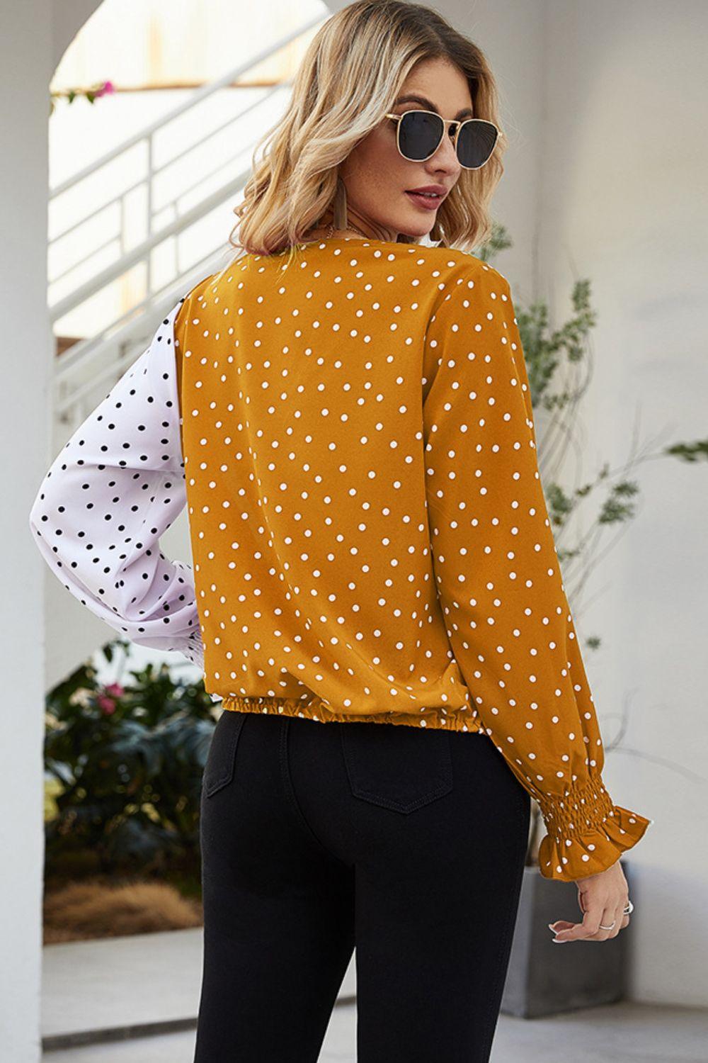 Polka Dot Surplice Neck Blouse - Olive Ave