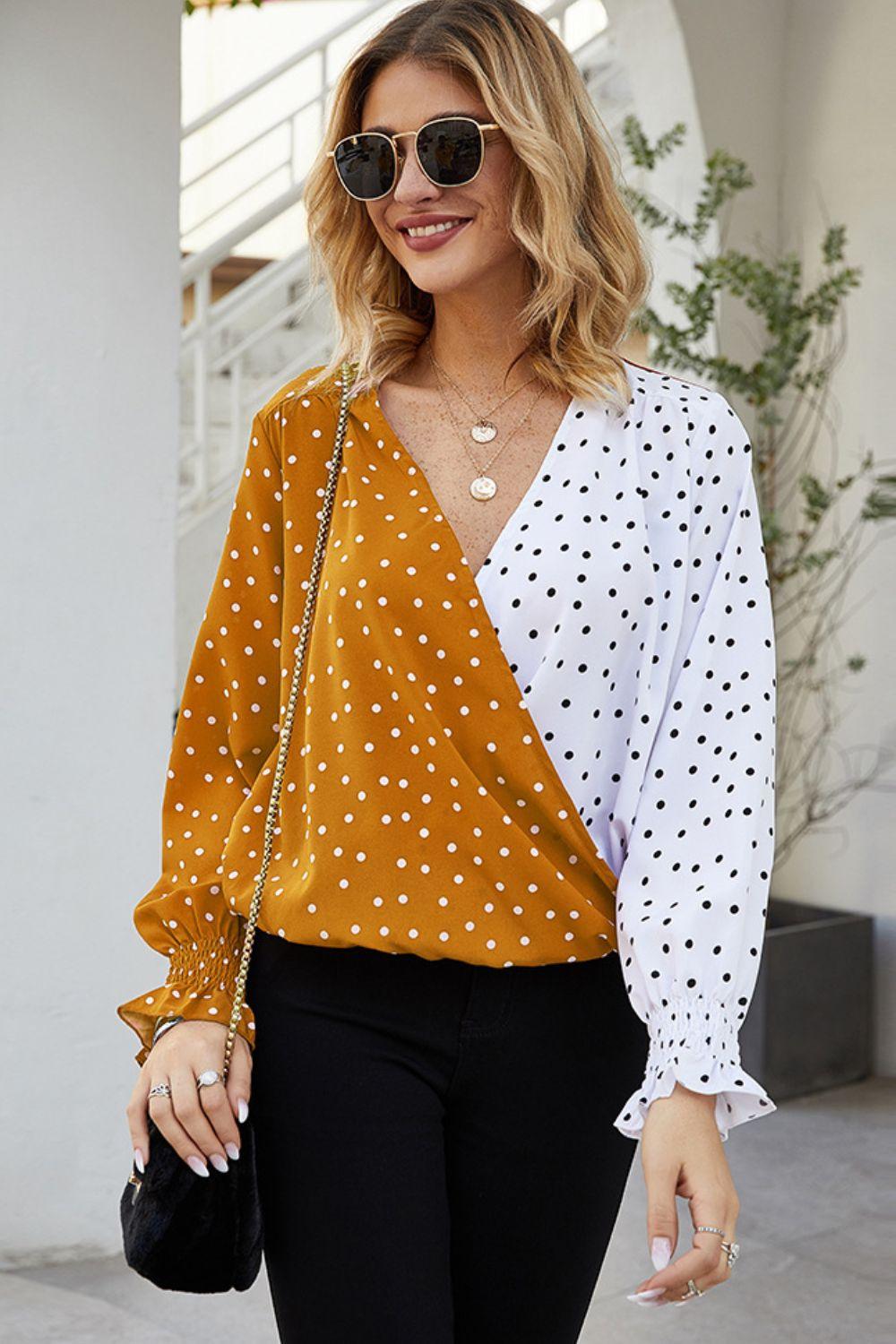 Polka Dot Surplice Neck Blouse - Olive Ave