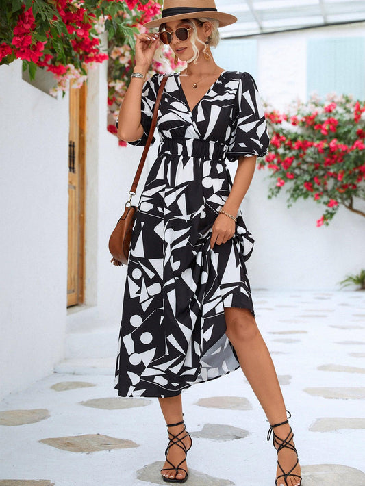 Printed Balloon Sleeve Dress - Olive Ave