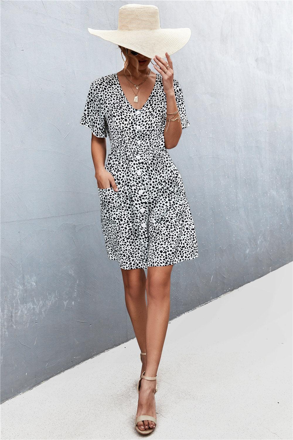 Printed Button Down Pocketed Dress - Olive Ave