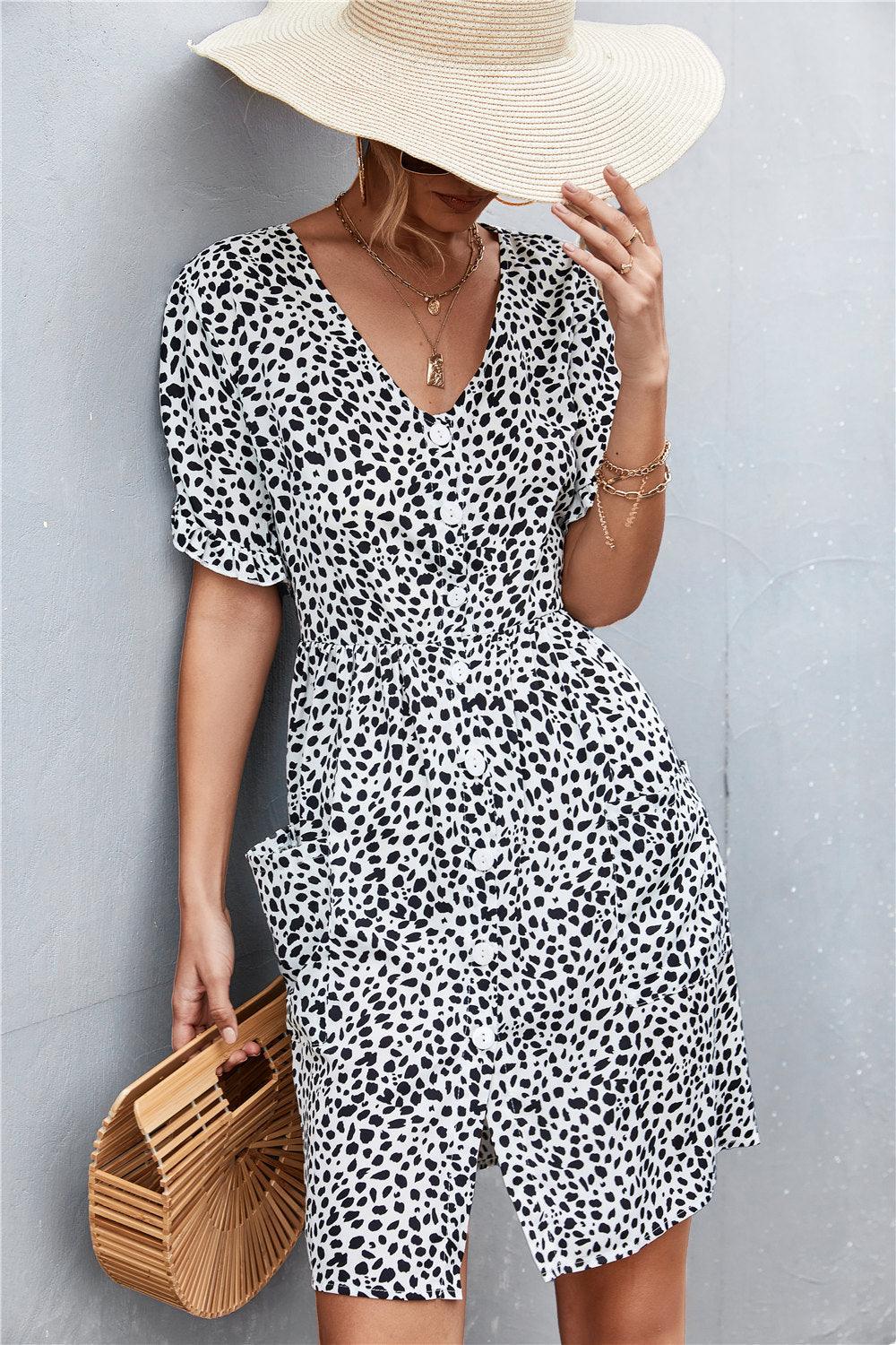 Printed Button Down Pocketed Dress - Olive Ave