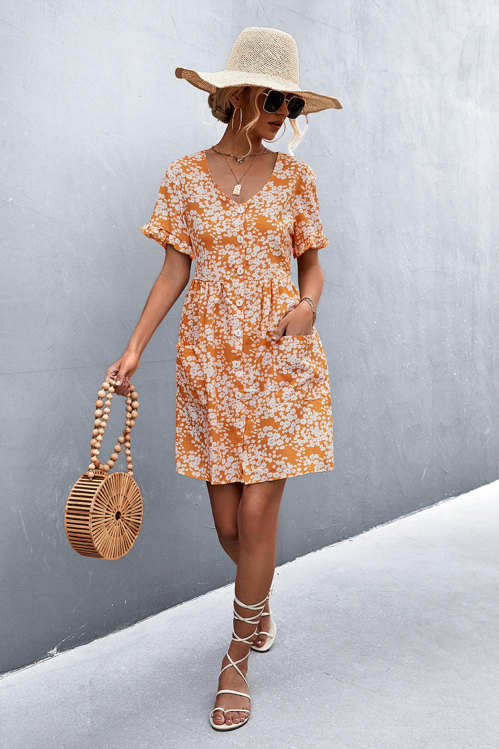 Printed Button Down Pocketed Dress - Olive Ave