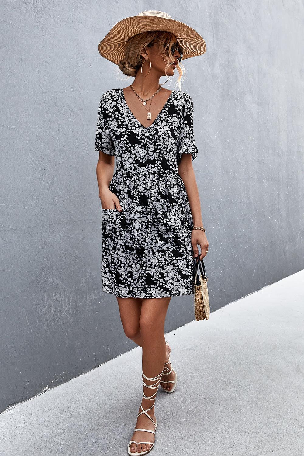 Printed Button Down Pocketed Dress - Olive Ave