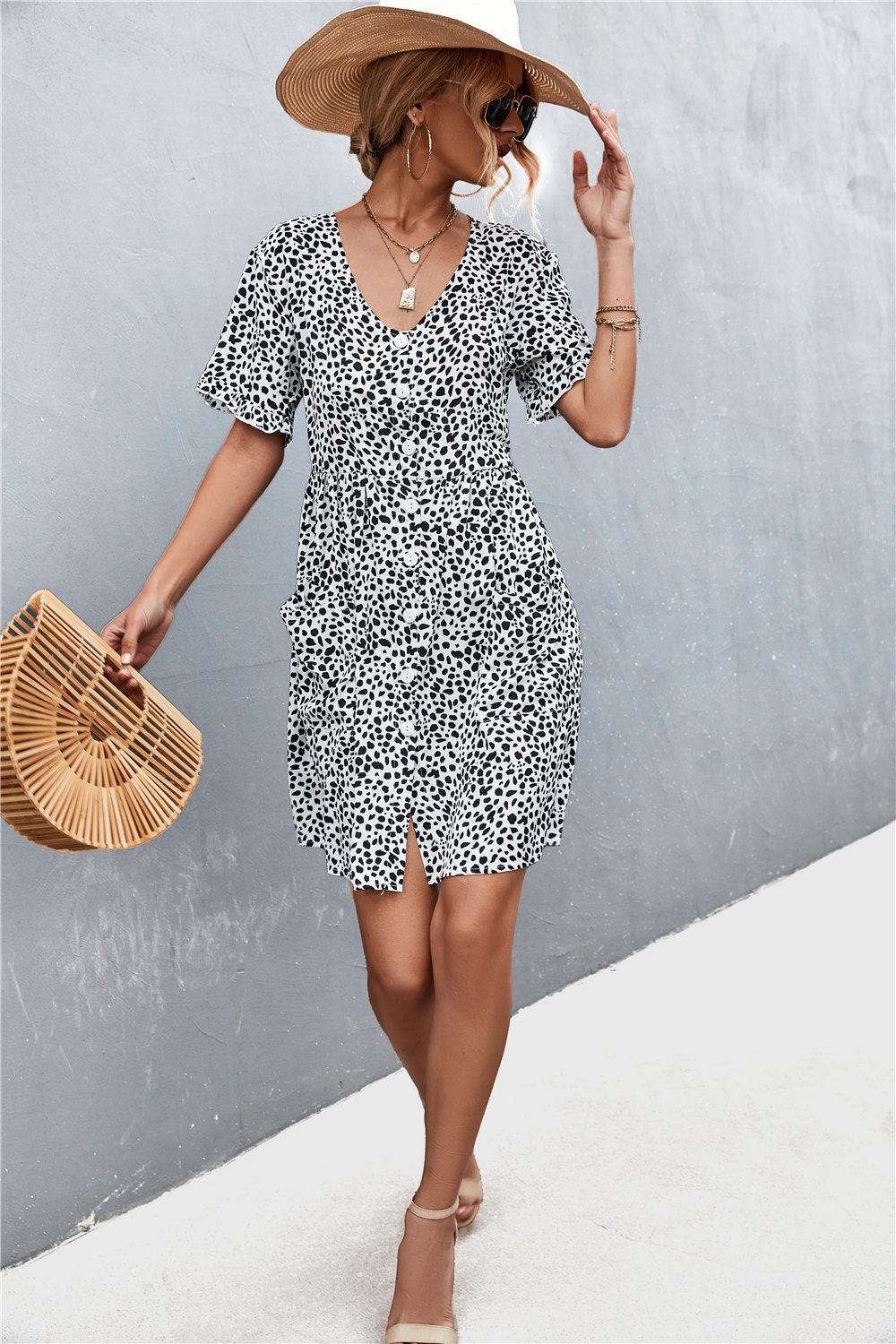 Printed Button Down Pocketed Dress - Olive Ave