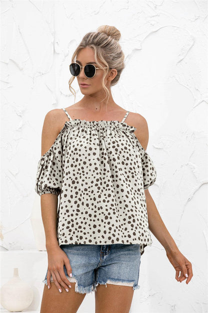 Printed Cold-Shoulder Frill Trim Blouse - Olive Ave