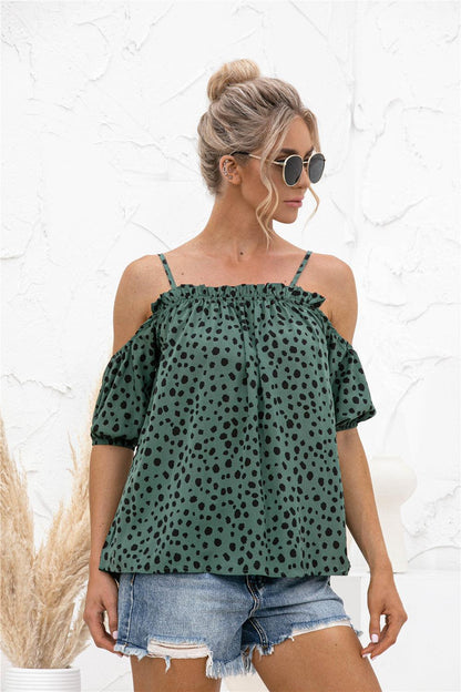 Printed Cold-Shoulder Frill Trim Blouse - Olive Ave