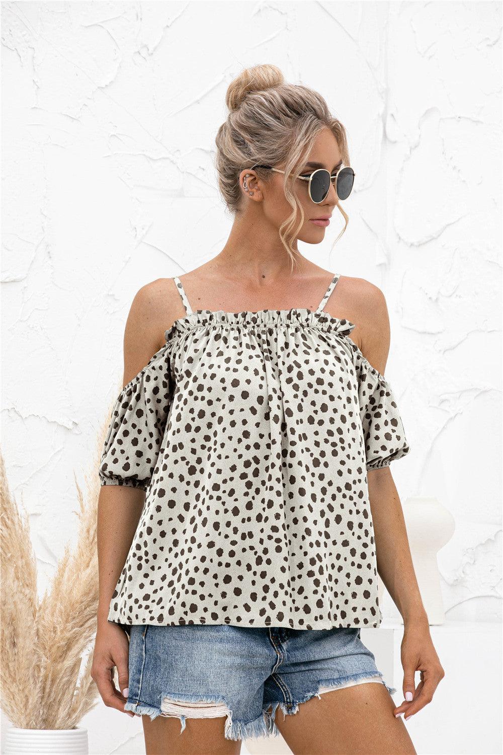 Printed Cold-Shoulder Frill Trim Blouse - Olive Ave