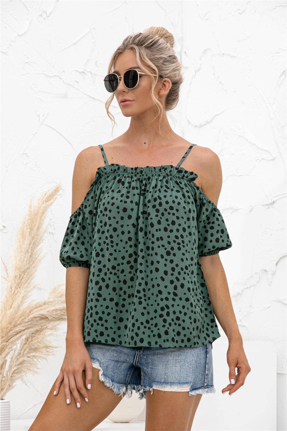 Printed Cold-Shoulder Frill Trim Blouse - Olive Ave