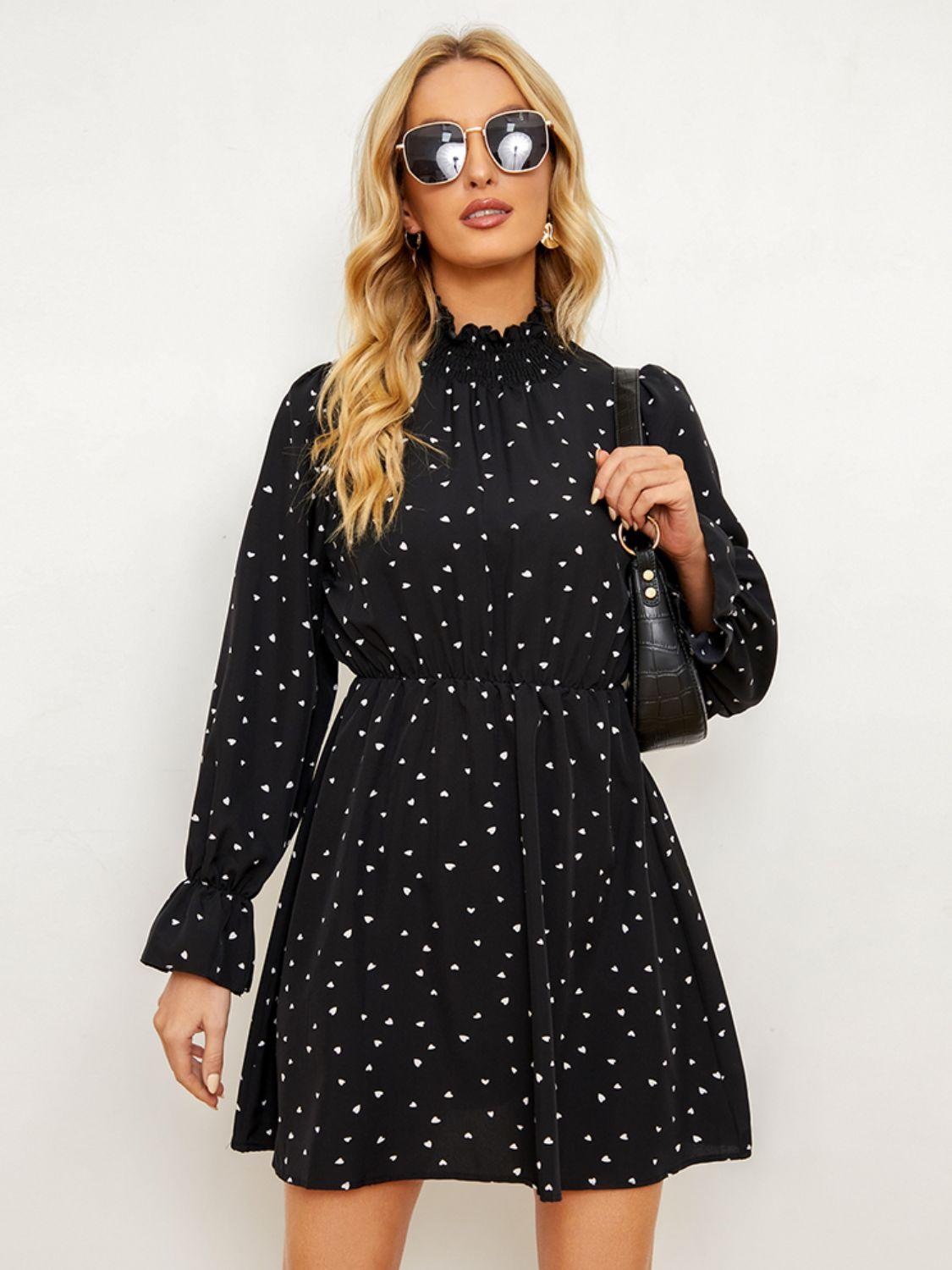 Printed Long Flounce Sleeve Dress - Olive Ave