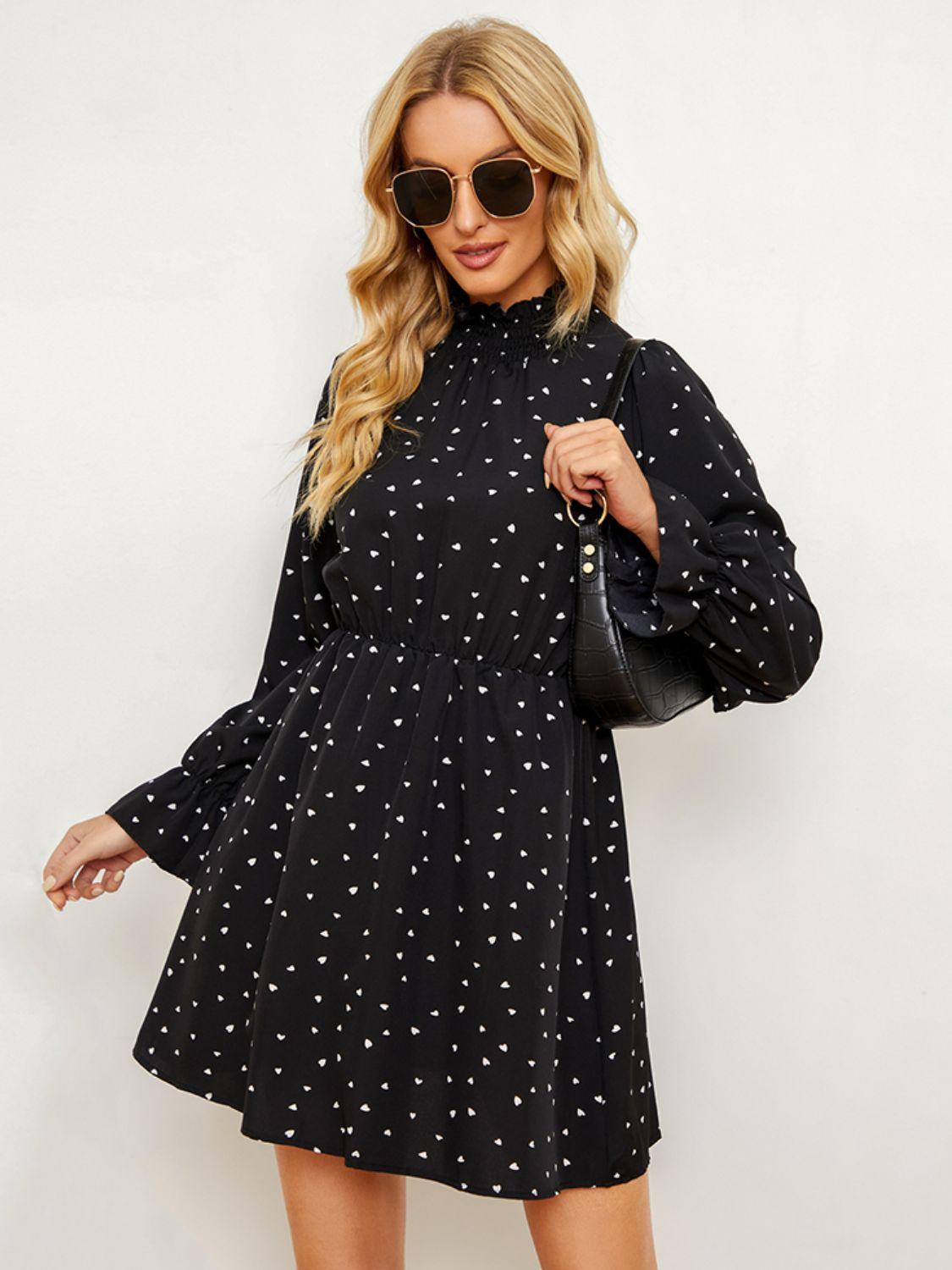 Printed Long Flounce Sleeve Dress - Olive Ave