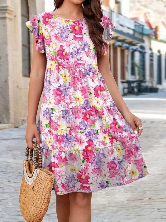Printed Round Neck Tiered Dress in 6 Colors - Olive Ave