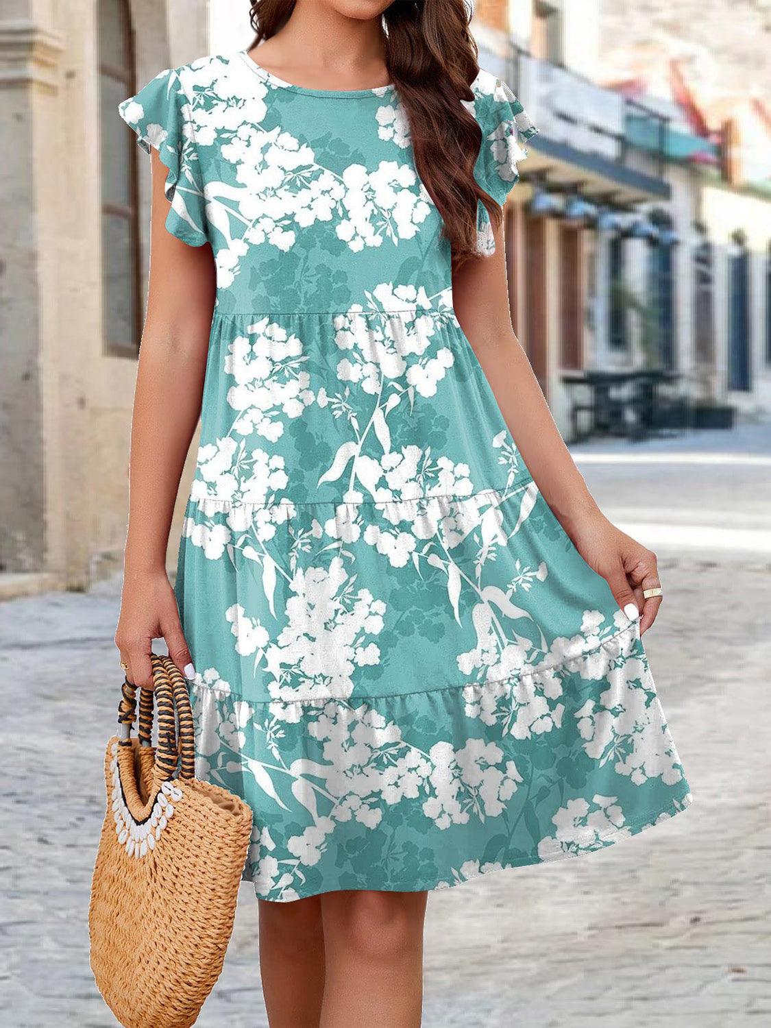 Printed Round Neck Tiered Dress in 6 Colors - Olive Ave