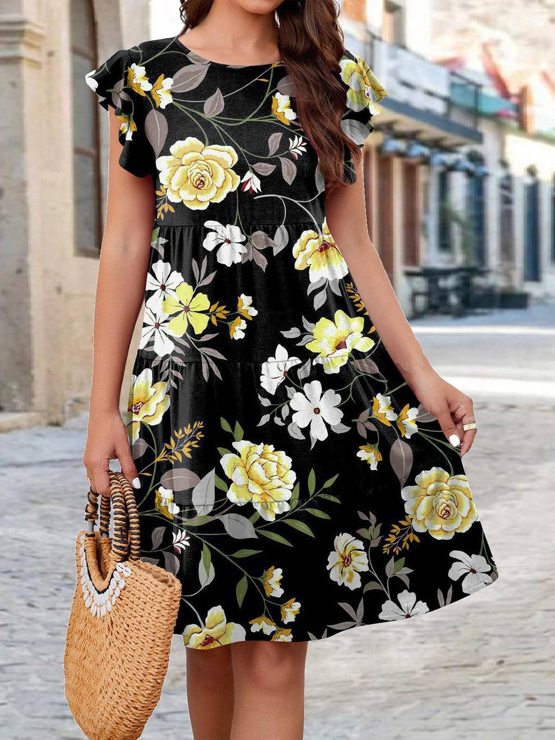 Printed Round Neck Tiered Dress in 6 Colors - Olive Ave