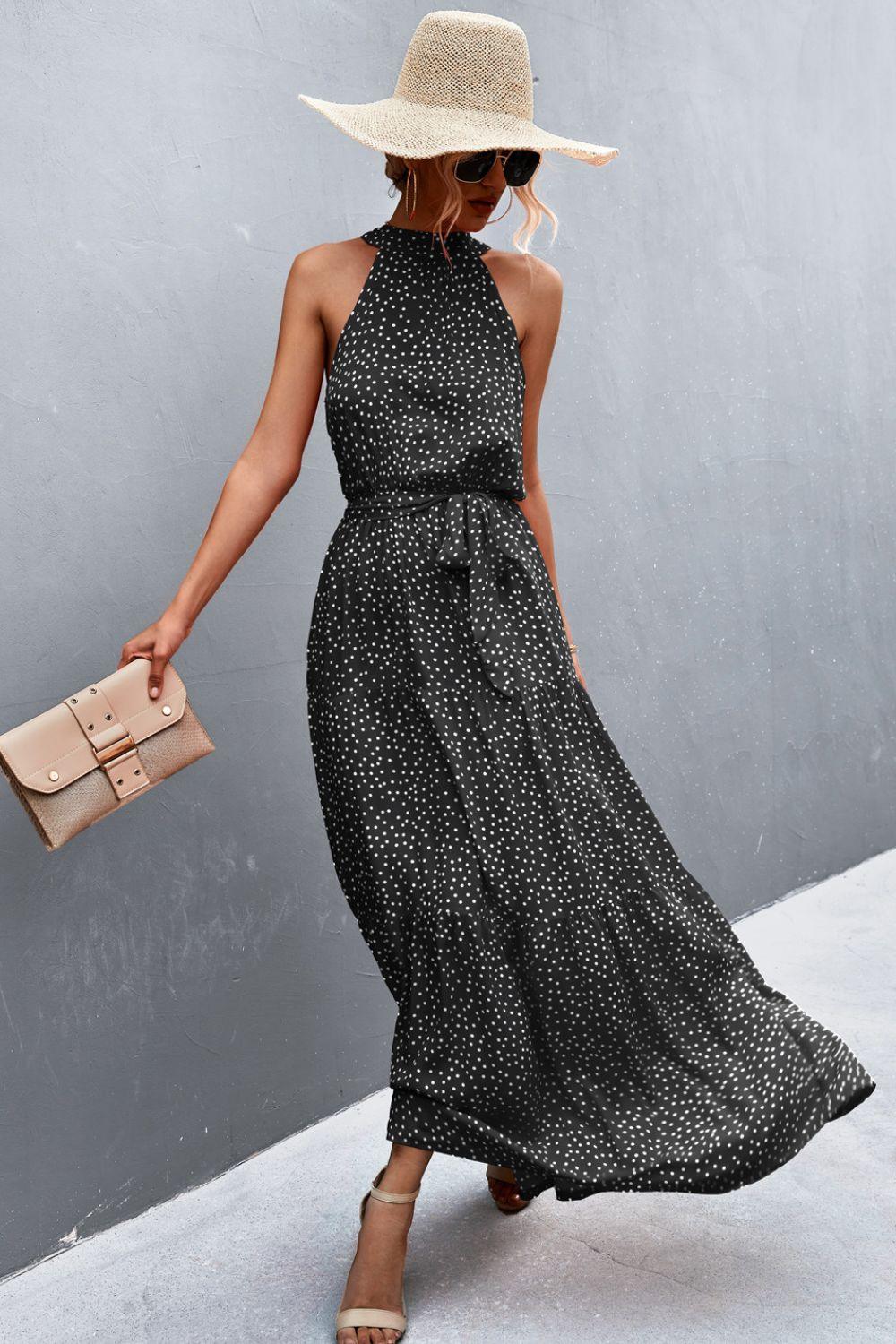 Printed Sleeveless Tie Waist Maxi Dress - Olive Ave