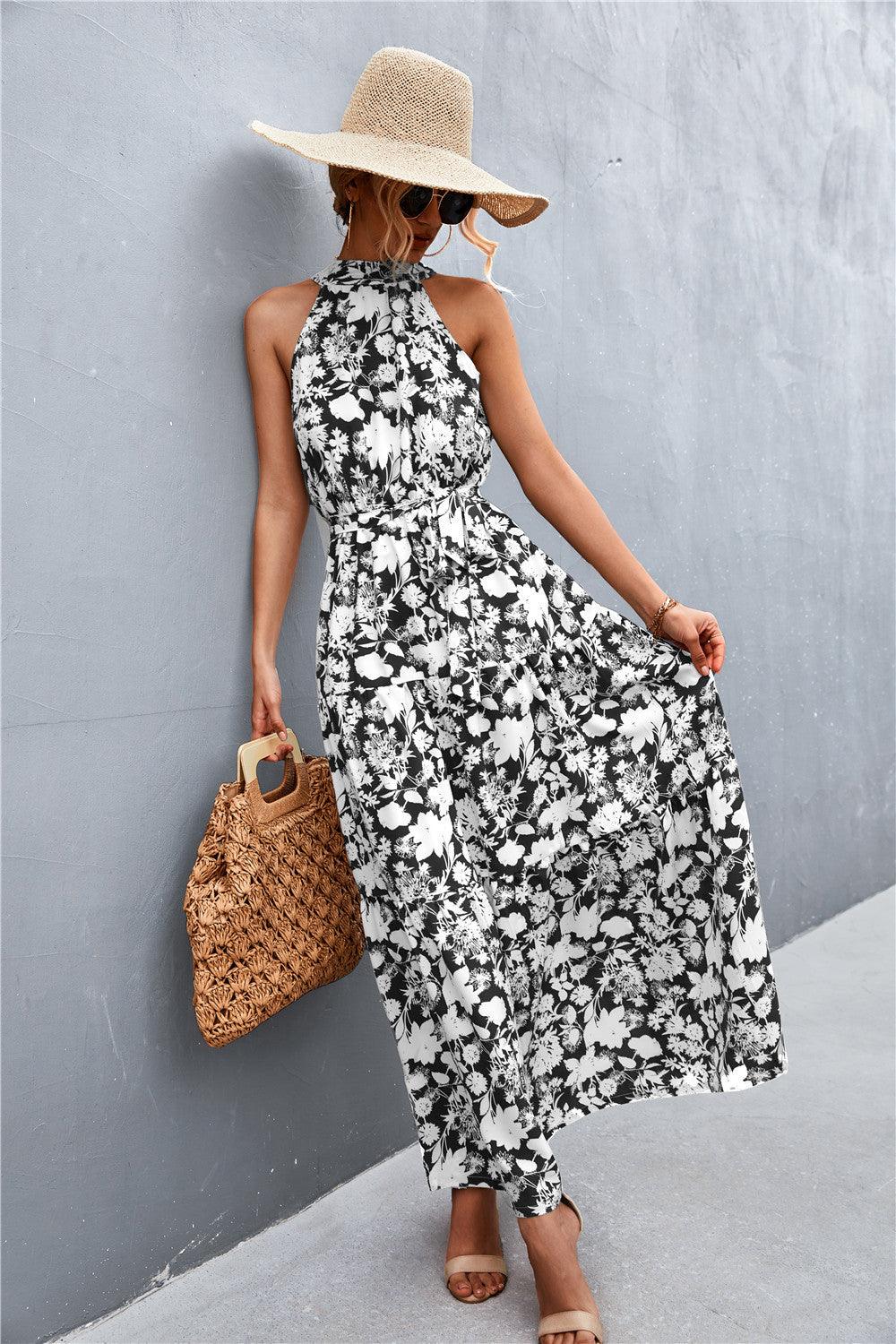 Printed Sleeveless Tie Waist Maxi Dress - Olive Ave