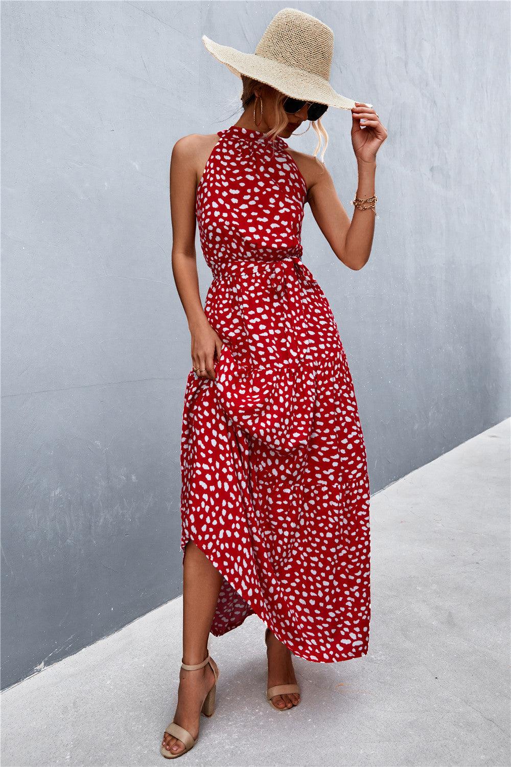 Printed Sleeveless Tie Waist Maxi Dress - Olive Ave