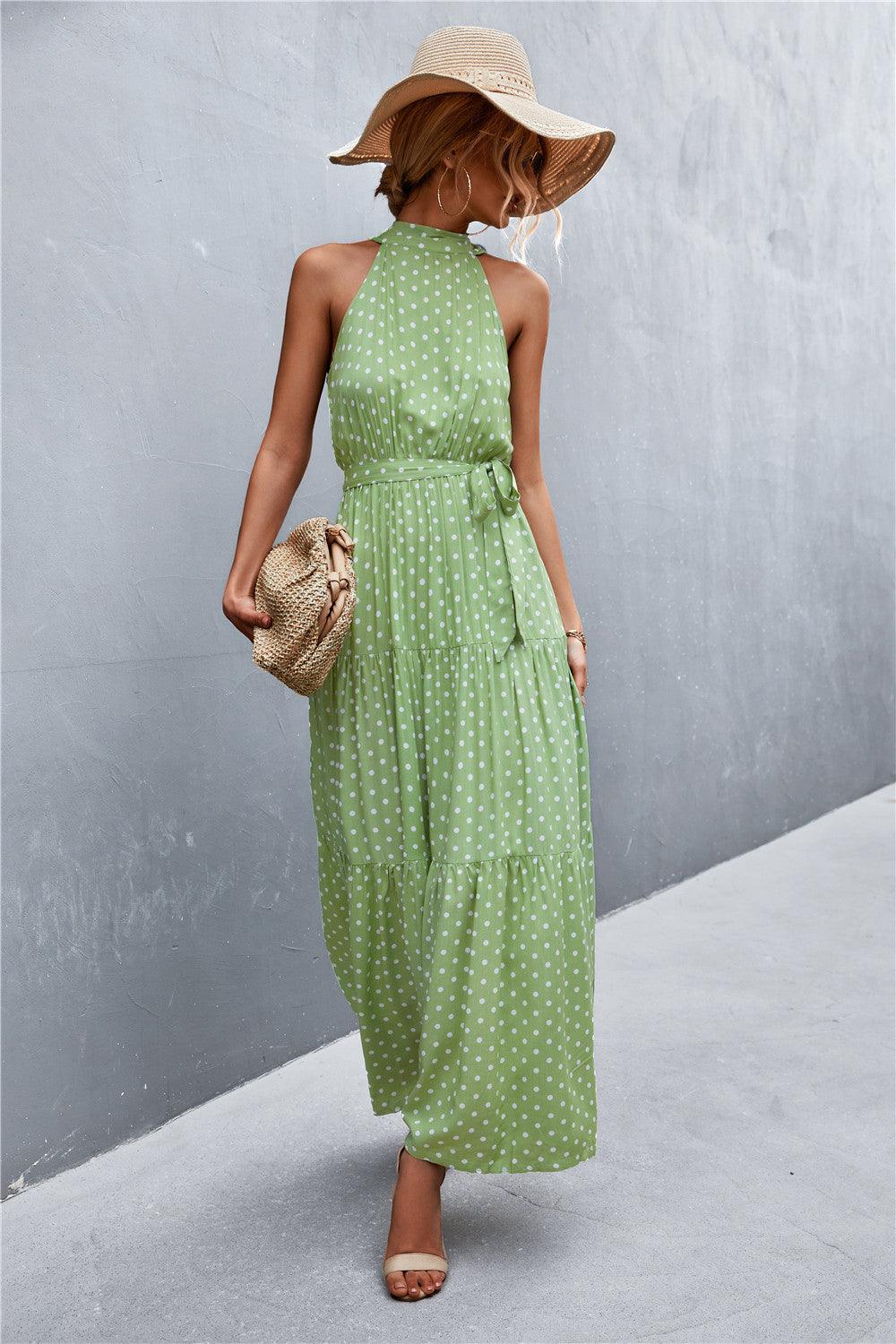 Printed Sleeveless Tie Waist Maxi Dress - Olive Ave