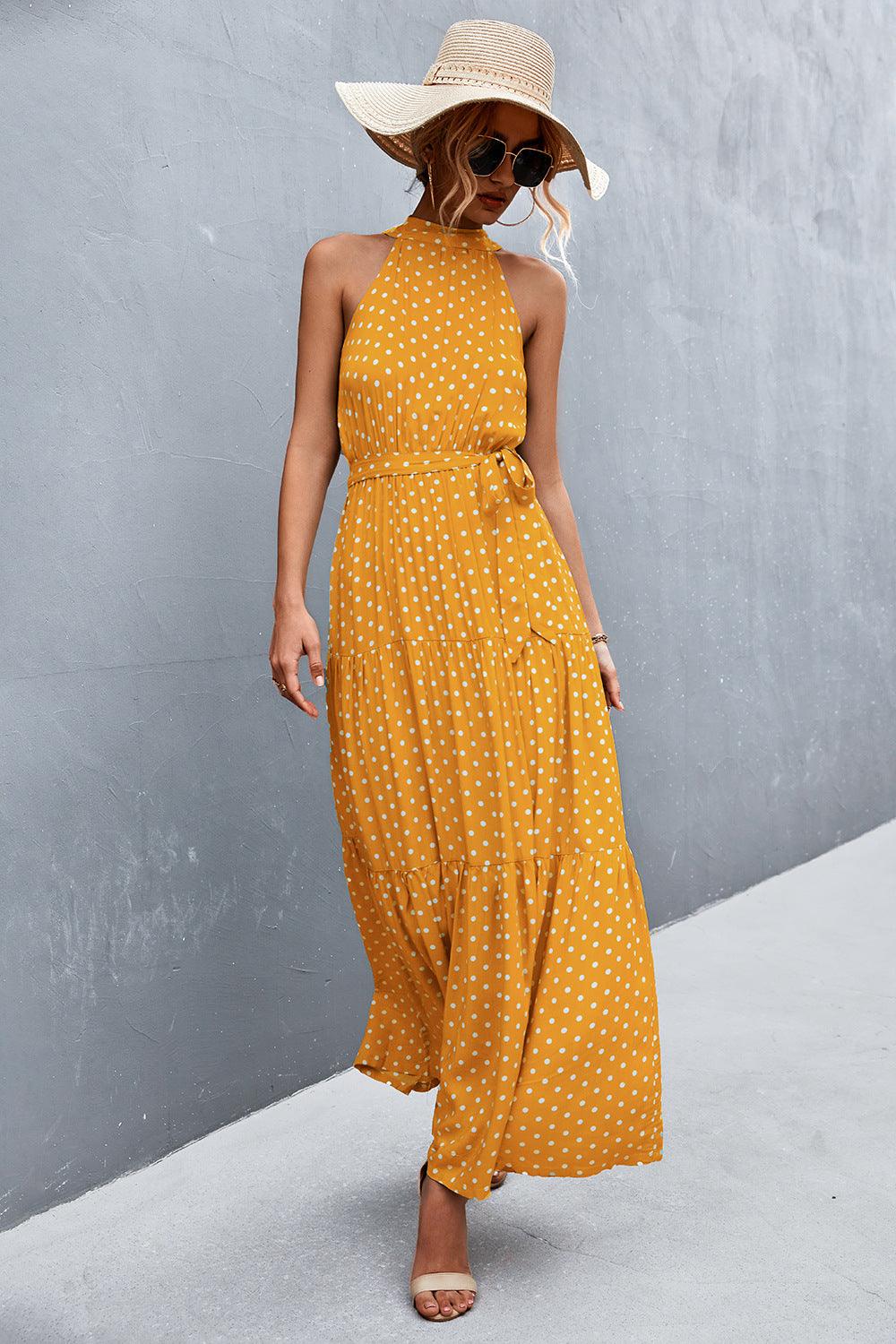 Printed Sleeveless Tie Waist Maxi Dress - Olive Ave