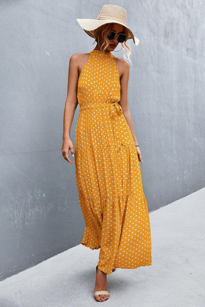 Printed Sleeveless Tie Waist Maxi Dress - Olive Ave