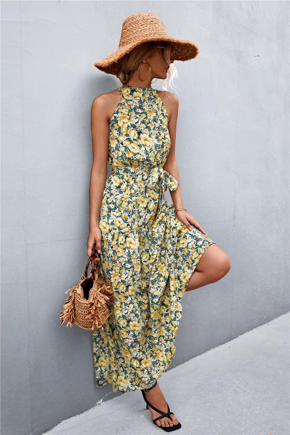 Printed Sleeveless Tie Waist Maxi Dress - Olive Ave