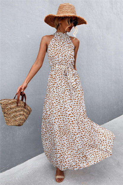 Printed Sleeveless Tie Waist Maxi Dress - Olive Ave