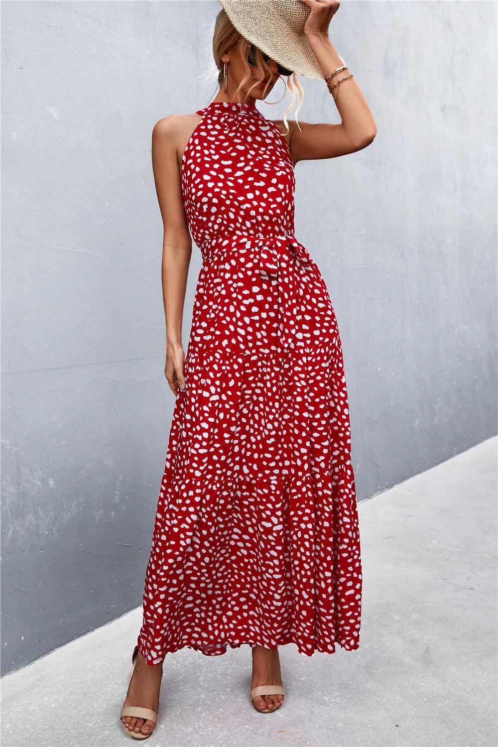 Printed Sleeveless Tie Waist Maxi Dress - Olive Ave