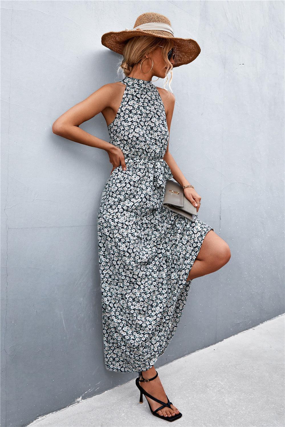 Printed Sleeveless Tie Waist Maxi Dress - Olive Ave