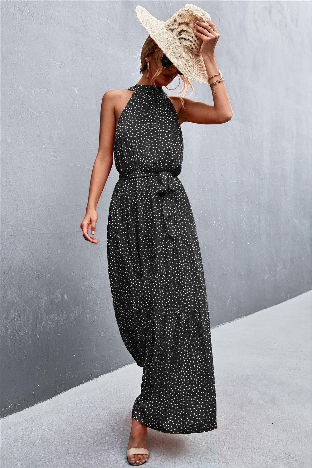 Printed Sleeveless Tie Waist Maxi Dress - Olive Ave