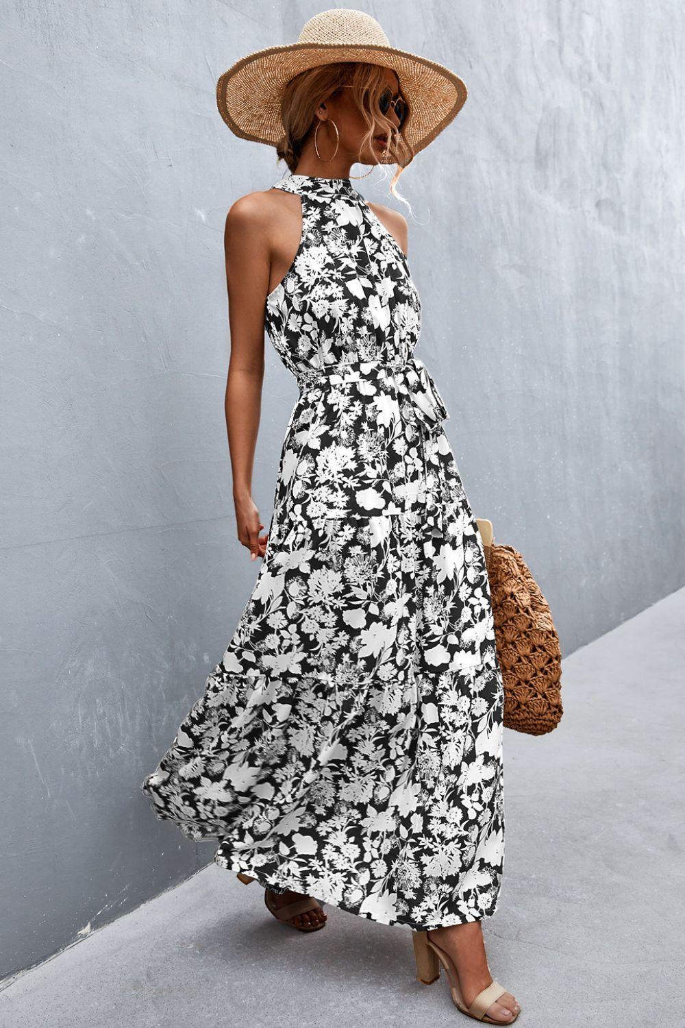 Printed Sleeveless Tie Waist Maxi Dress - Olive Ave