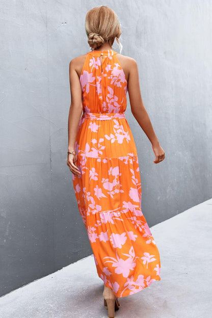 Printed Sleeveless Tie Waist Maxi Dress - Olive Ave