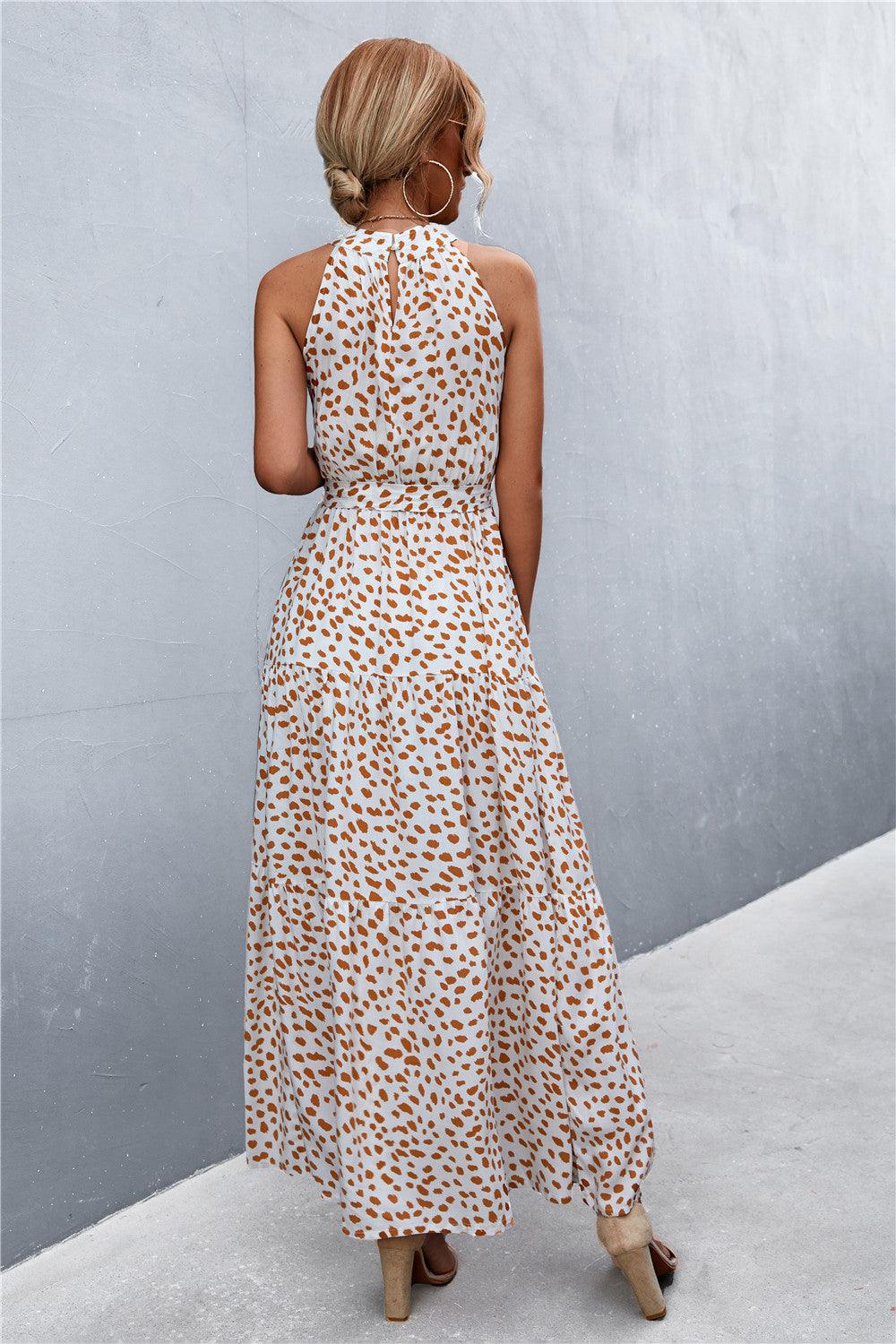 Printed Sleeveless Tie Waist Maxi Dress - Olive Ave