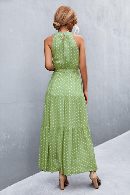 Printed Sleeveless Tie Waist Maxi Dress - Olive Ave