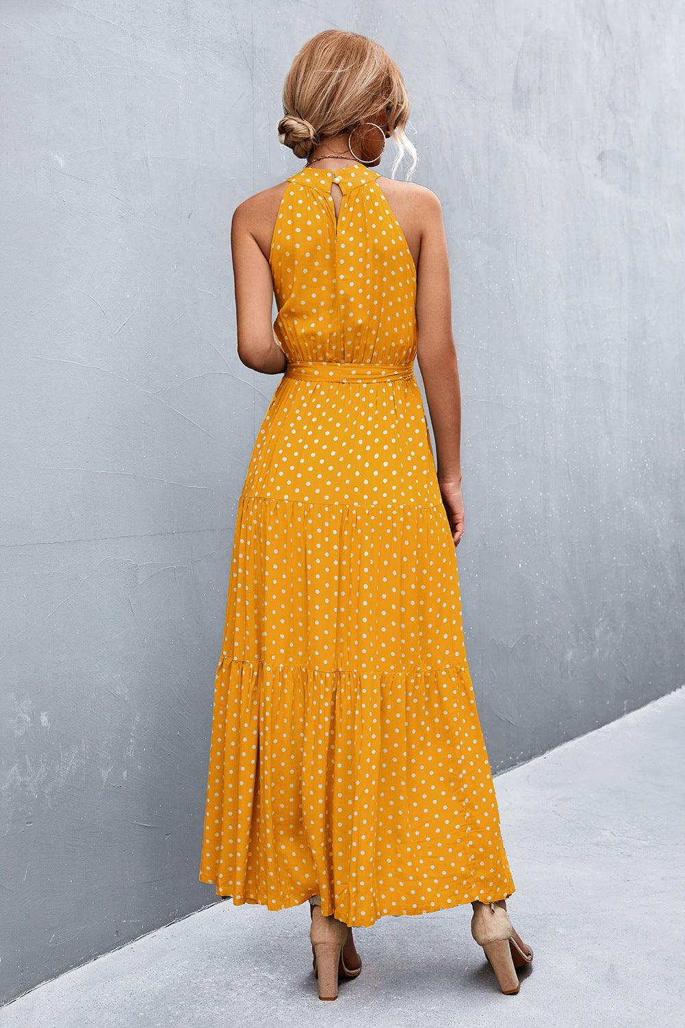 Printed Sleeveless Tie Waist Maxi Dress - Olive Ave