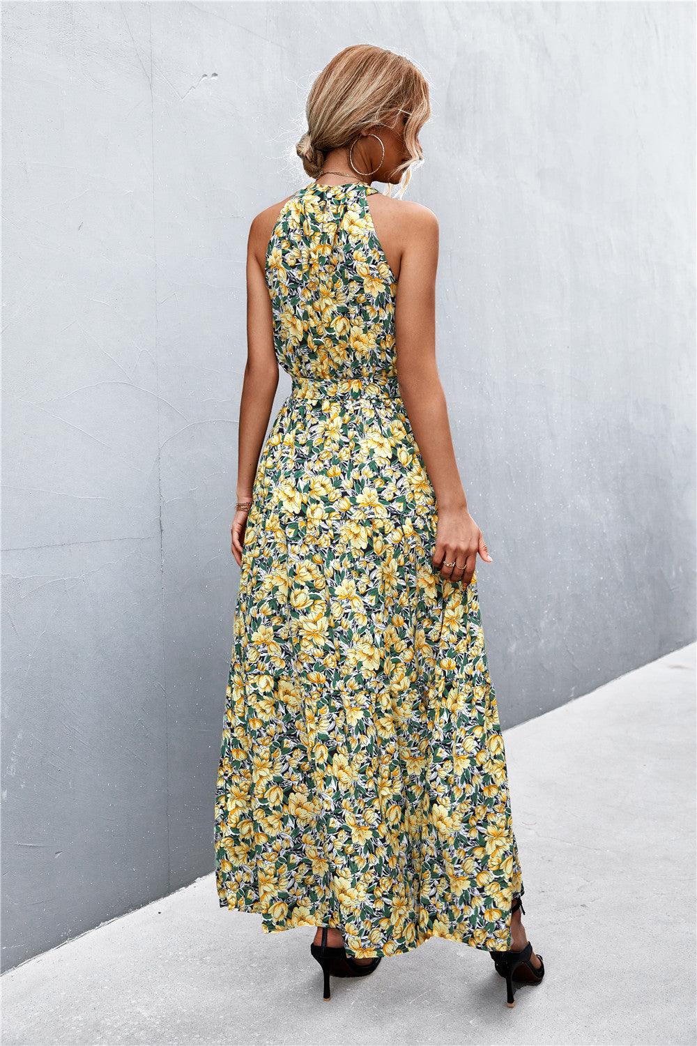 Printed Sleeveless Tie Waist Maxi Dress - Olive Ave