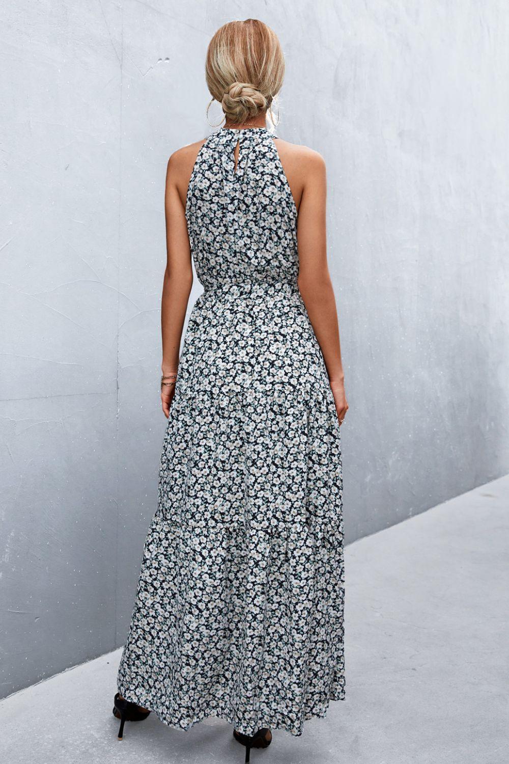 Printed Sleeveless Tie Waist Maxi Dress - Olive Ave